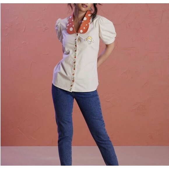 Hot Topic Cinnamoroll Mushroom Button-Up Shirt | Sanrio Puff Sleeve Cottagecore - Picture 2 of 7